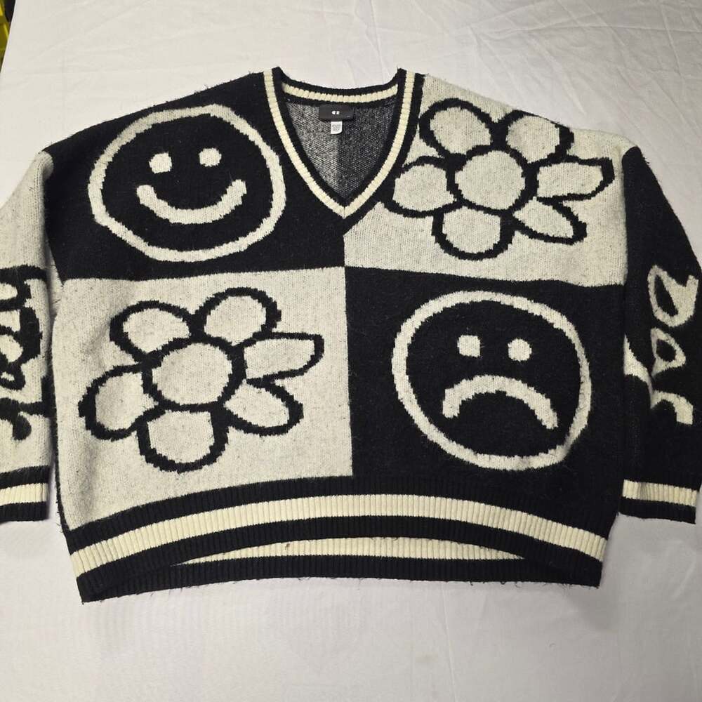 Lazy Oaf Happy Sad Flower Knit Jumper sweater pullover black white XL